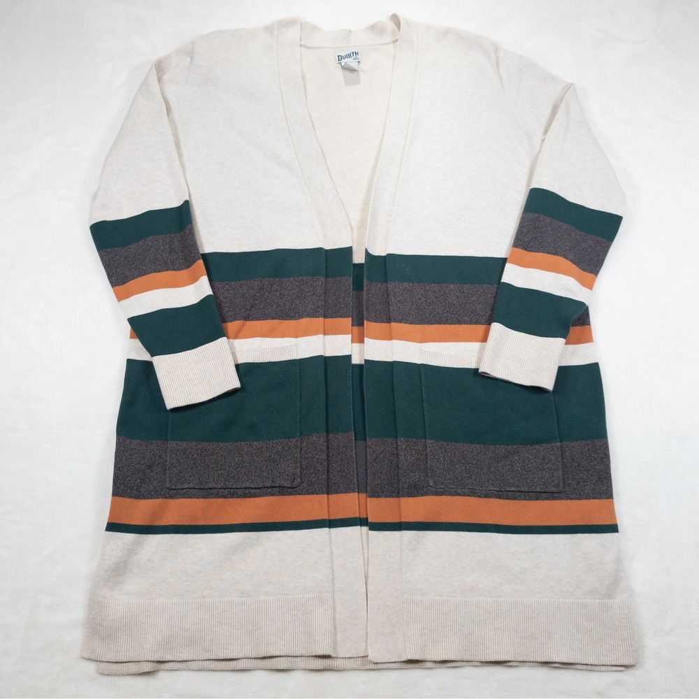 Duluth Trading Striped Cardigan Sweater Womens L Green Coatigan Fall Vibe Duster